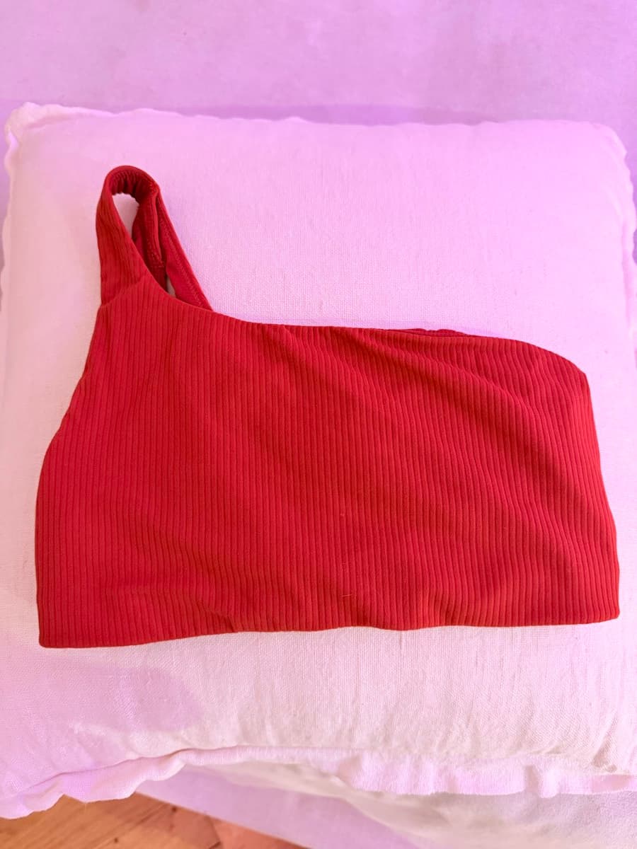 Ribbed Nulu Asymmetrical Yoga Bra Light Support, A/B Cup in Terracotta Orange
