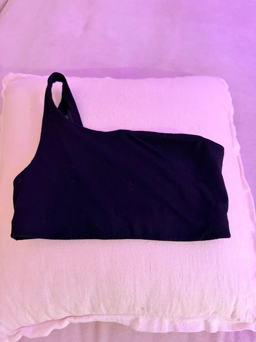 Ribbed Nulu Asymmetrical Yoga Bra Light Support, A/B Cup in Black