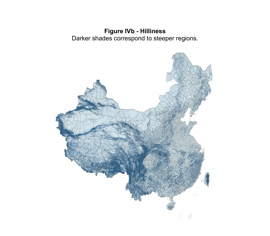 Map from Qian's paper showing hilliness across China, with darker blue indicating steeper regions