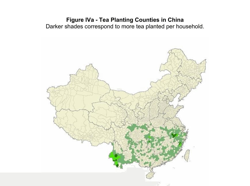 Map from Qian's paper showing tea-planting counties concentrated in southern China, with darker green indicating more tea planted per household